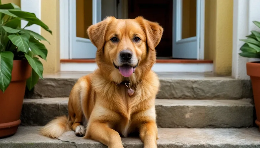 Twix, o cão de guarda da família — caramelo, deitado na entrada de casa, atento e tranquilo