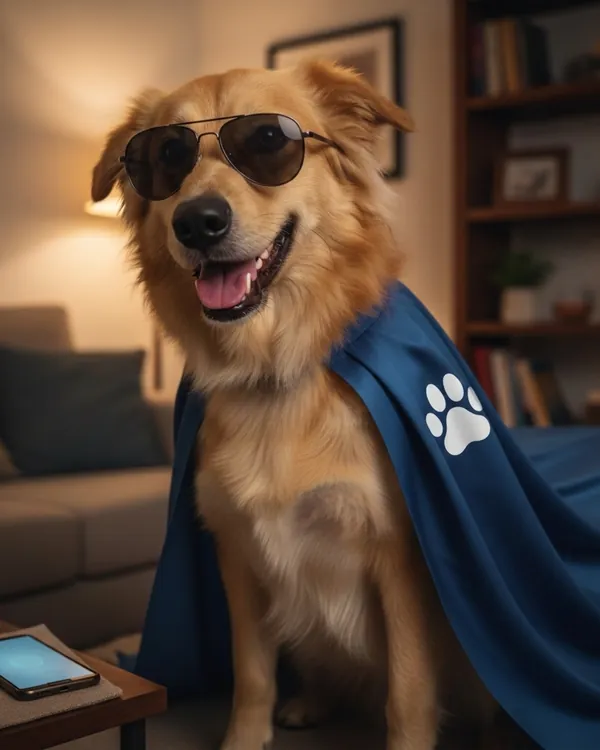 Twix, o cão de guarda da família, de capa azul de super-herói e óculos escuros, sorrindo na sala de estar ao lado do celular que ele protege